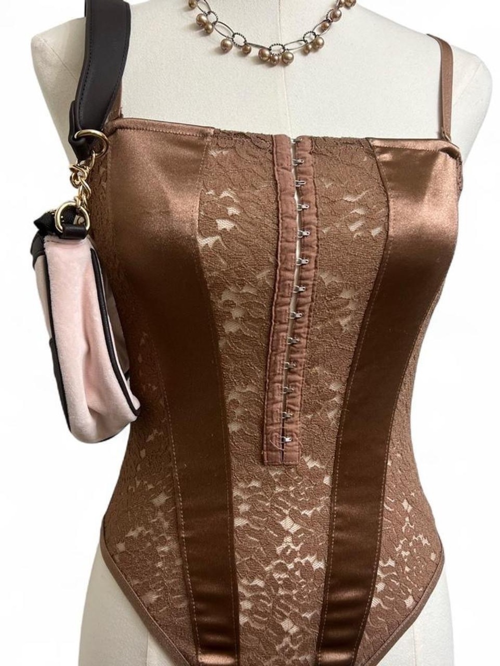 Brown mauve satin lace corset-style bodysuit tank top one piece cottage holidays